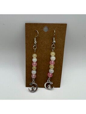 Moon & Star Dangle Earrings With Pink White & Yellow Beads Silver-Tone Charms Ho